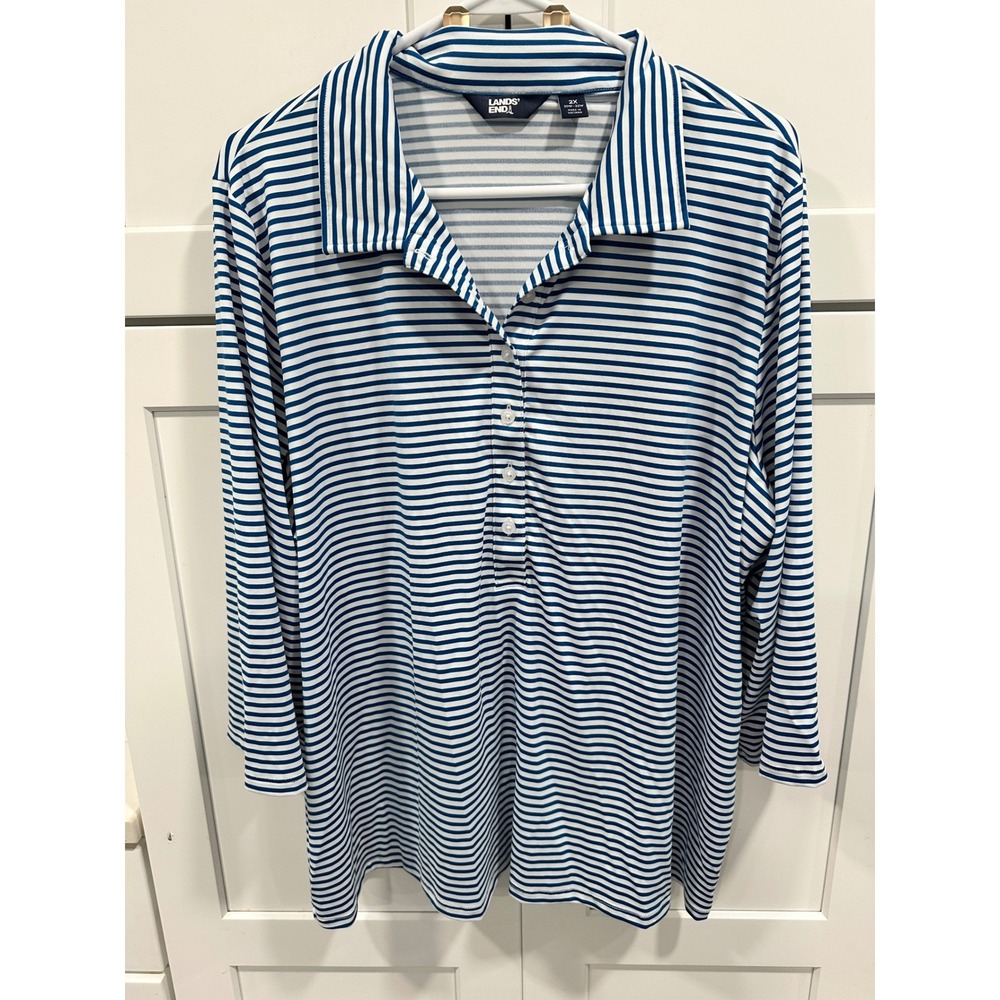 Lands' End Striped Swim Athletic Shirt 3/4 Sleeve Button Up‎ Top  2X